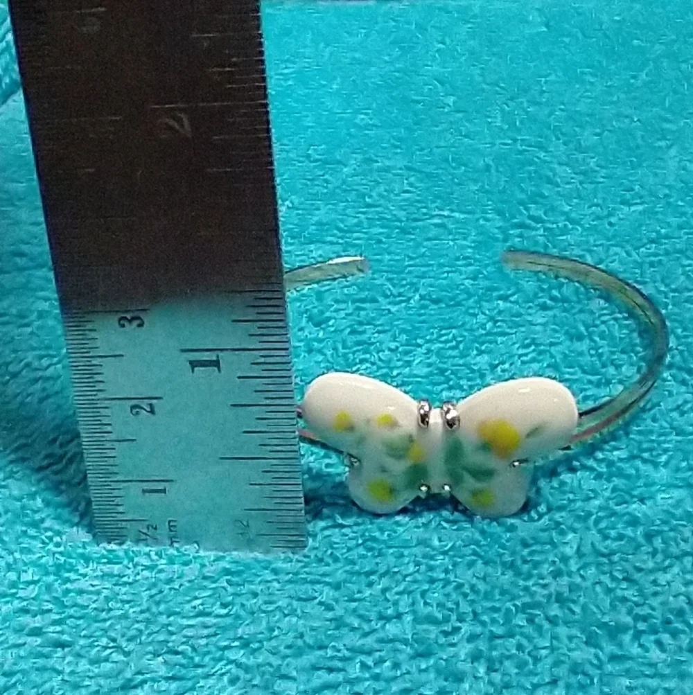 Goldtone Ceramic Yellow White Green Butterfly Cuff Bracelet Vintage - Picture 2 of 6